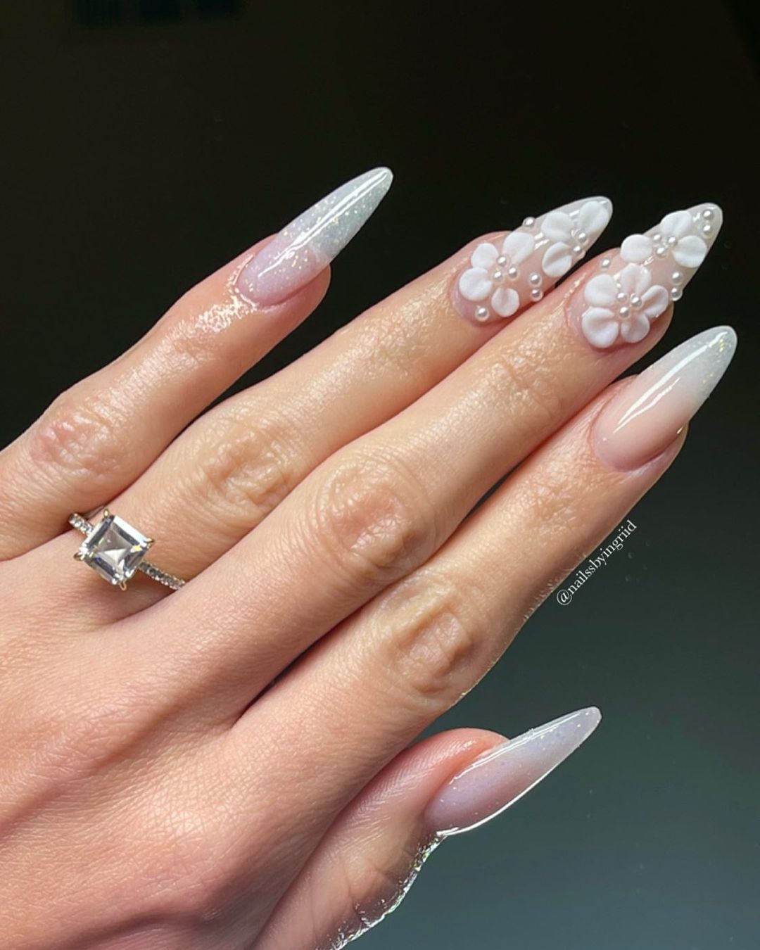 Sparkly Milk Nails With Flowers