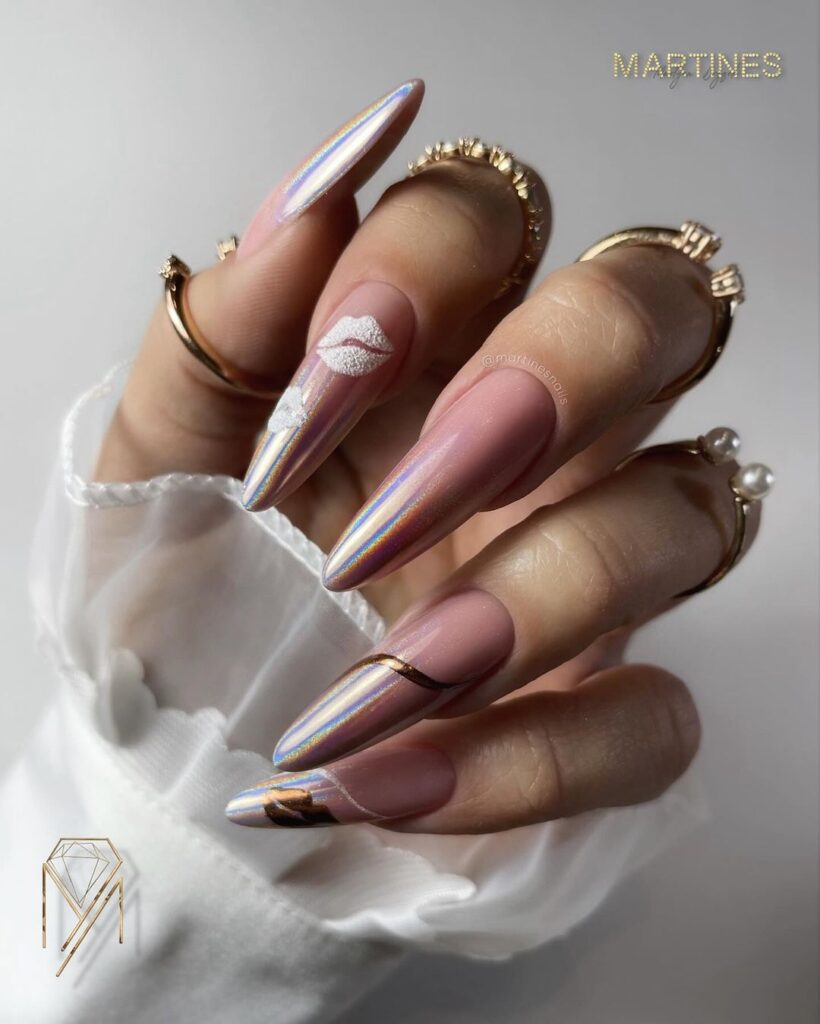 Baby Boomer Chrome Nails With White And Gold Details 