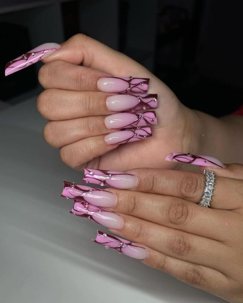Chrome Pink Ombre Nails With Swirls