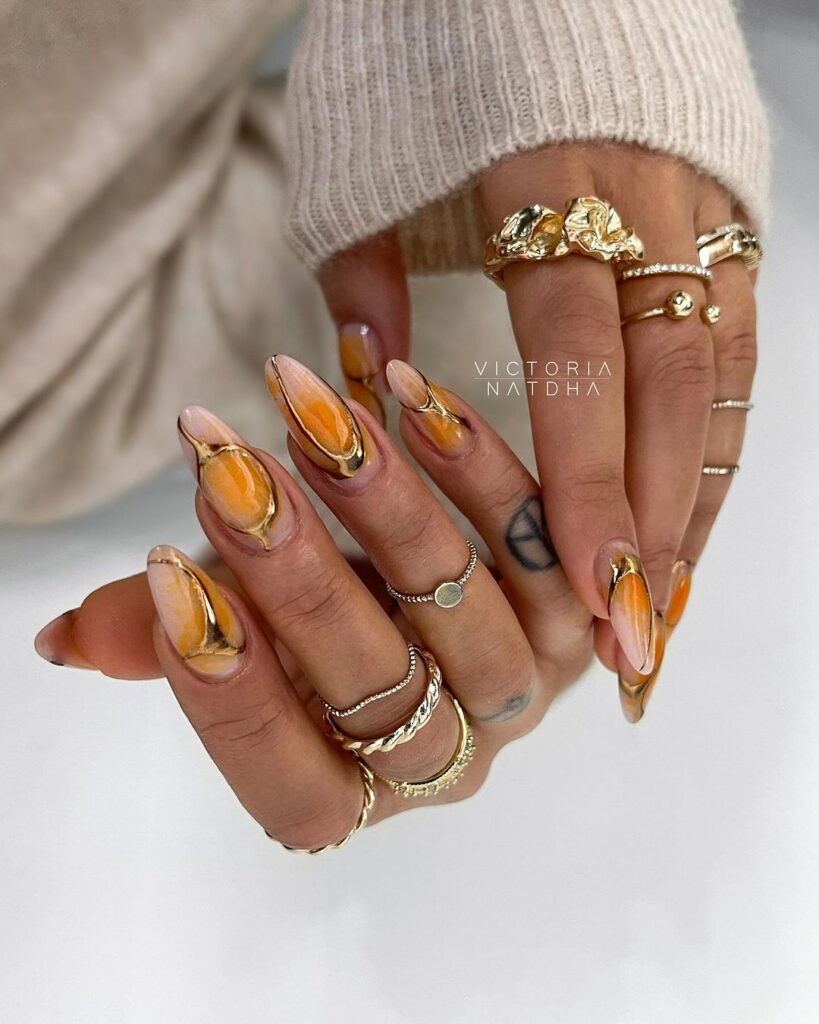 abstract orange gold nails
