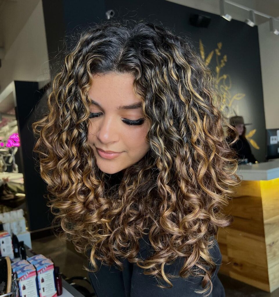 bronze caramel highlights on curly hair