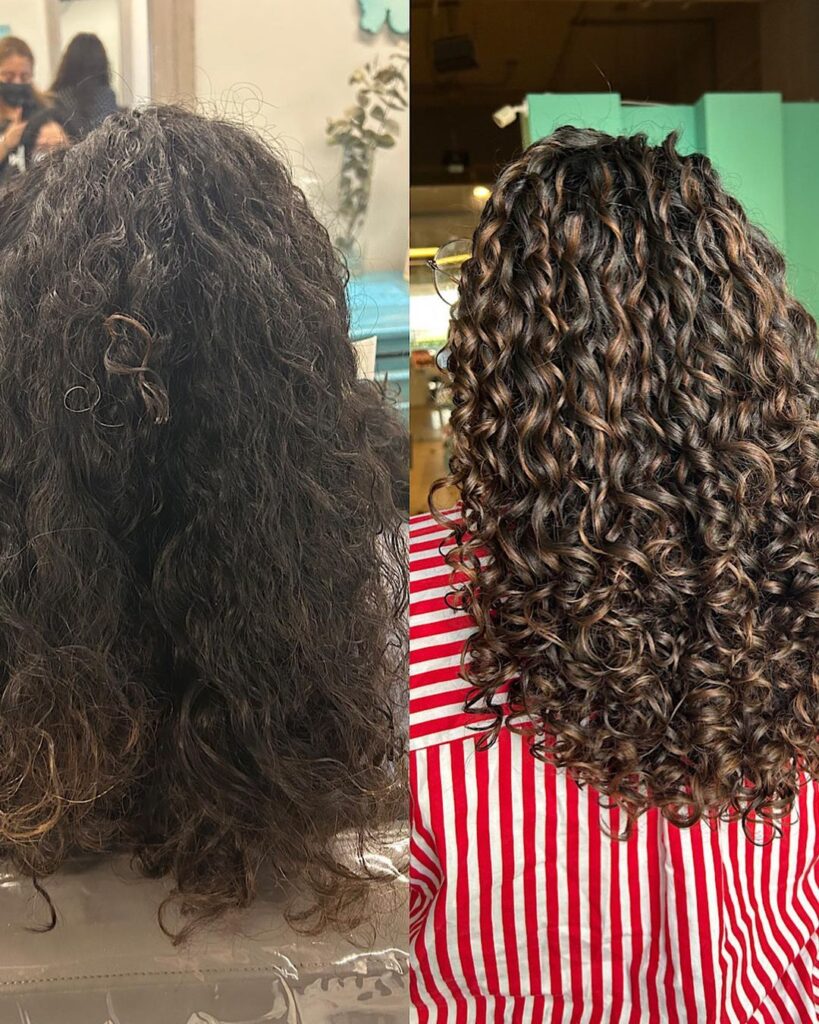 curly caramel highlights transformation