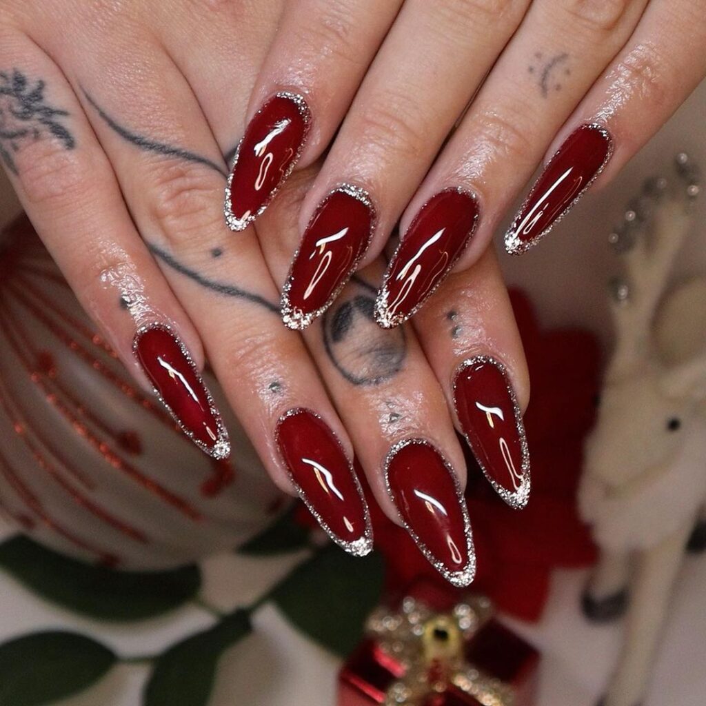 dark red and silver nails