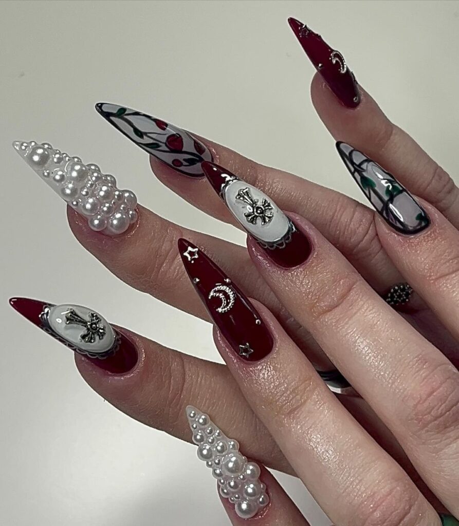 dark red nails with pearls