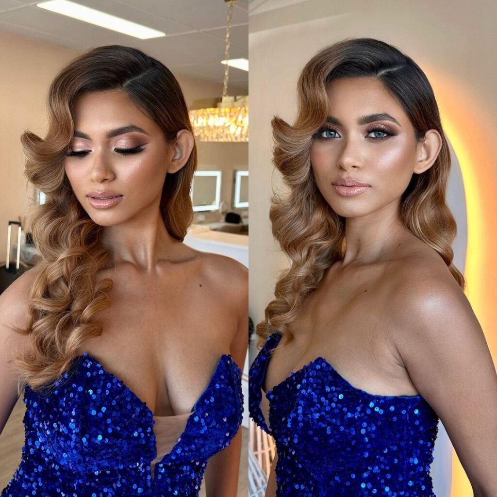 glam prom makeup and a royal blue dress