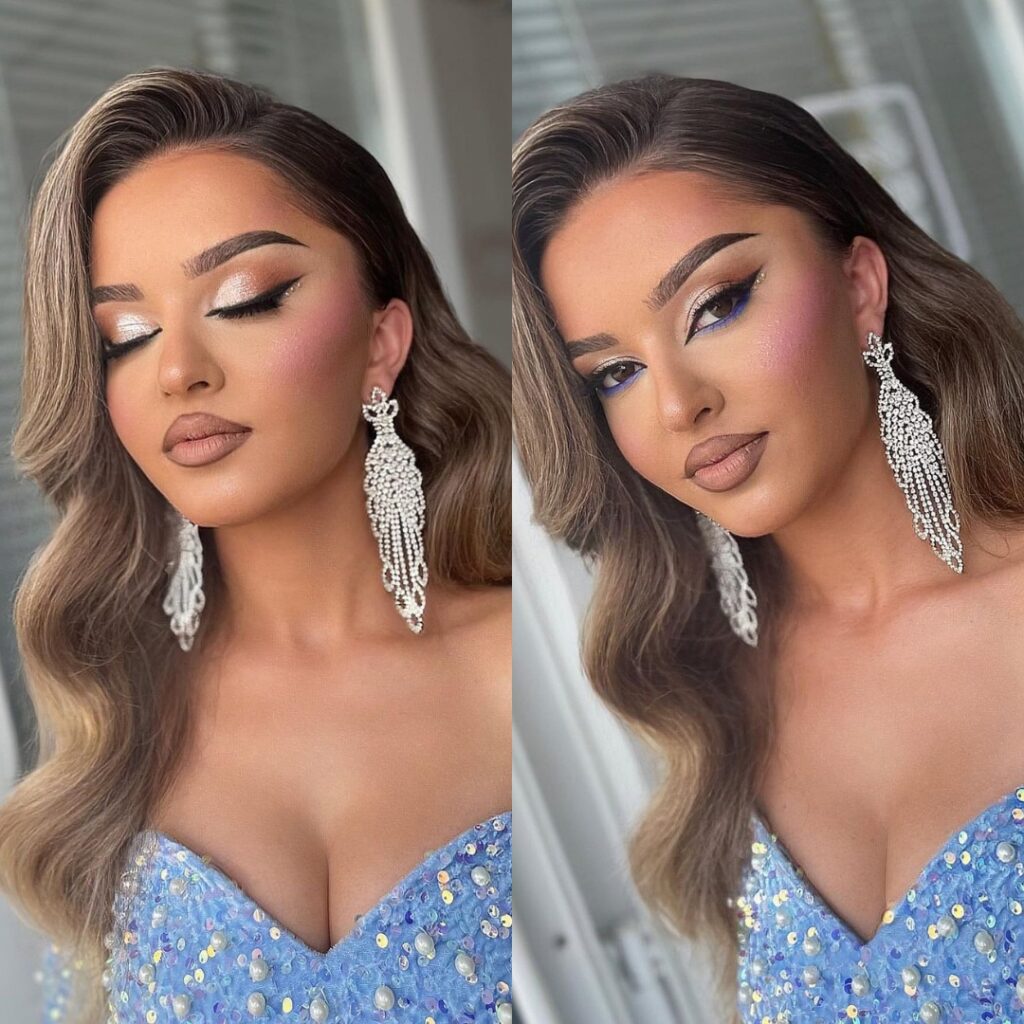 glamorous prom makeup and baby blue dress