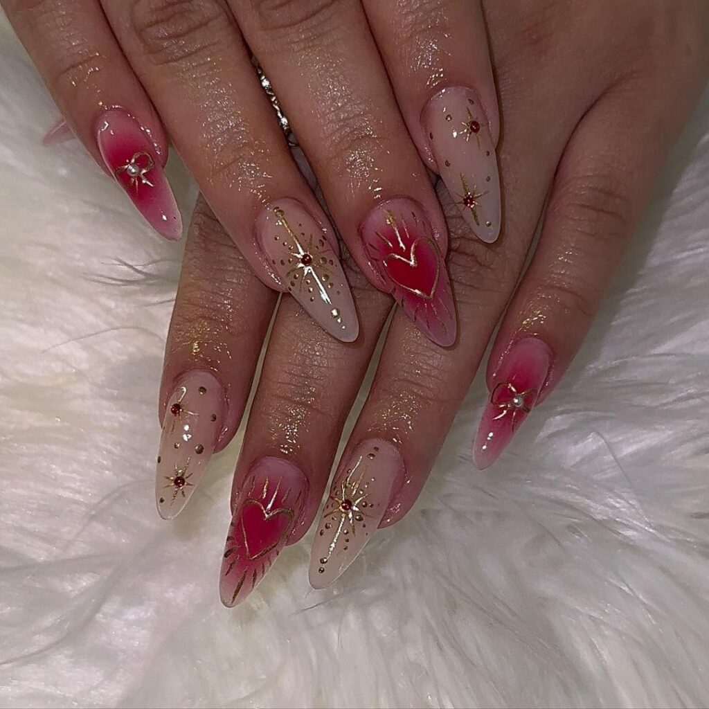 light red with gold chrome nails