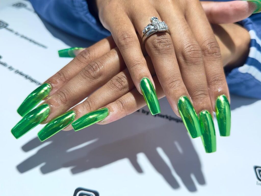 metallic green chrome nails