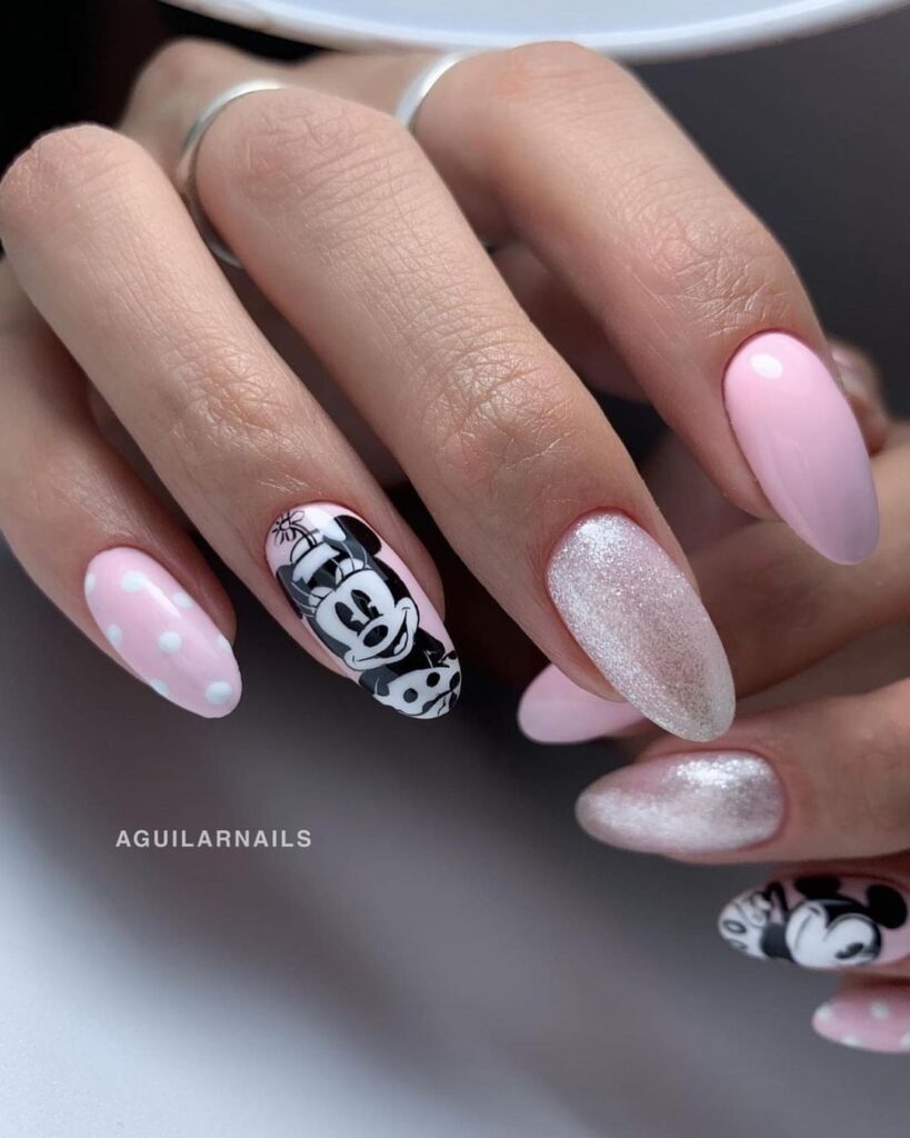 minnie disney nails in pink and gold