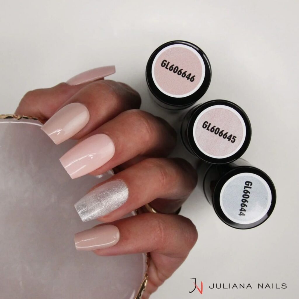 nude pink and silver combo nails