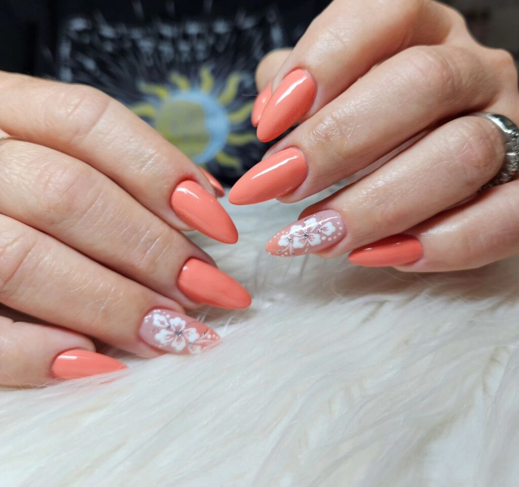 orange nails with flowers