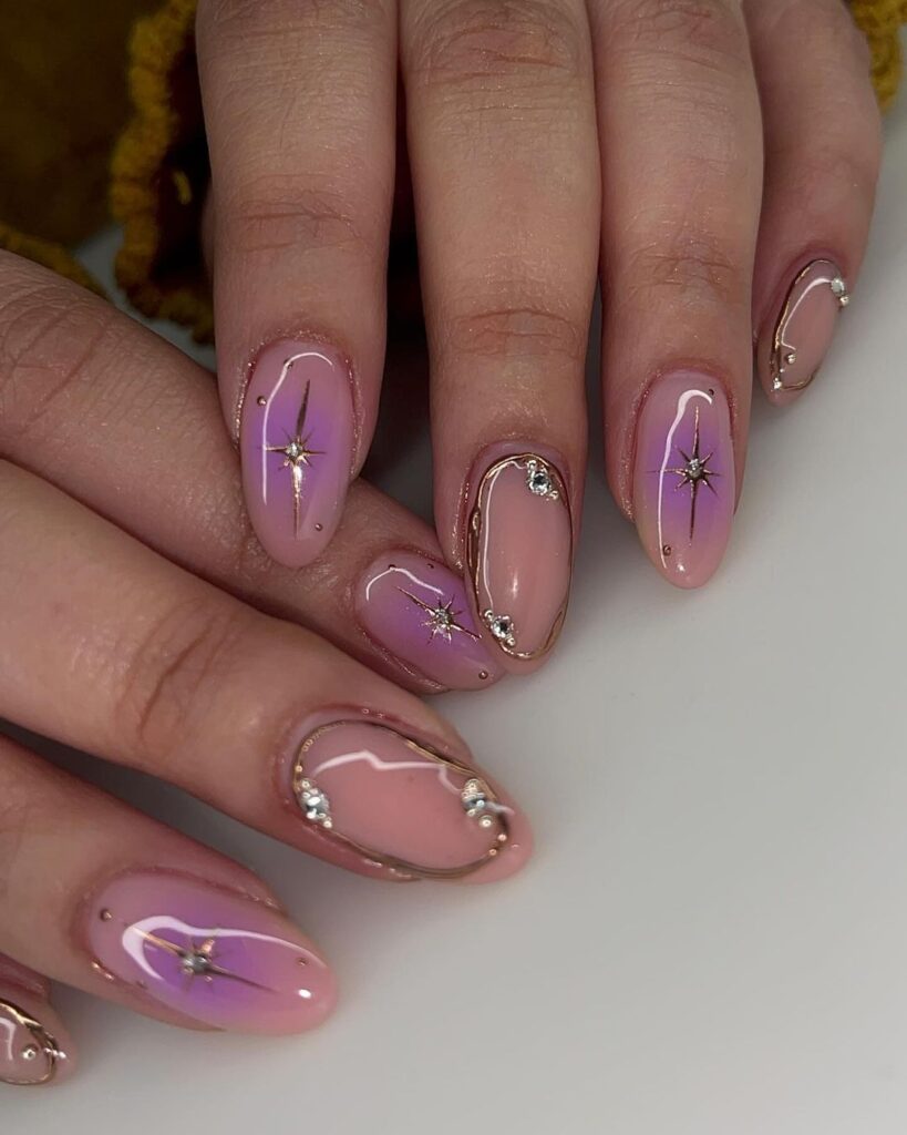 purple aura and rose gold nails