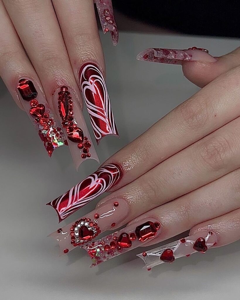 red spring glitter baddie acrylic nails