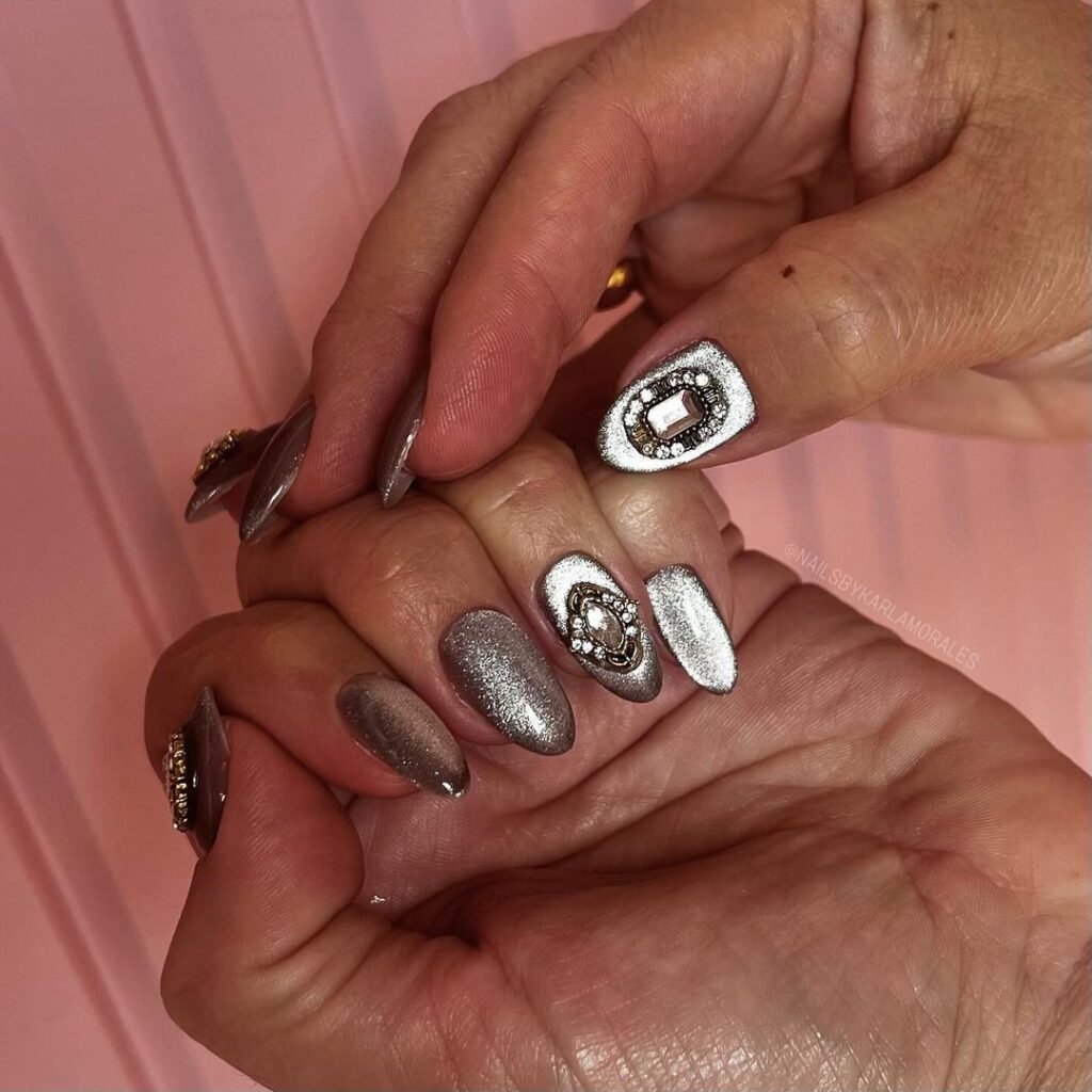 silver nails with gems