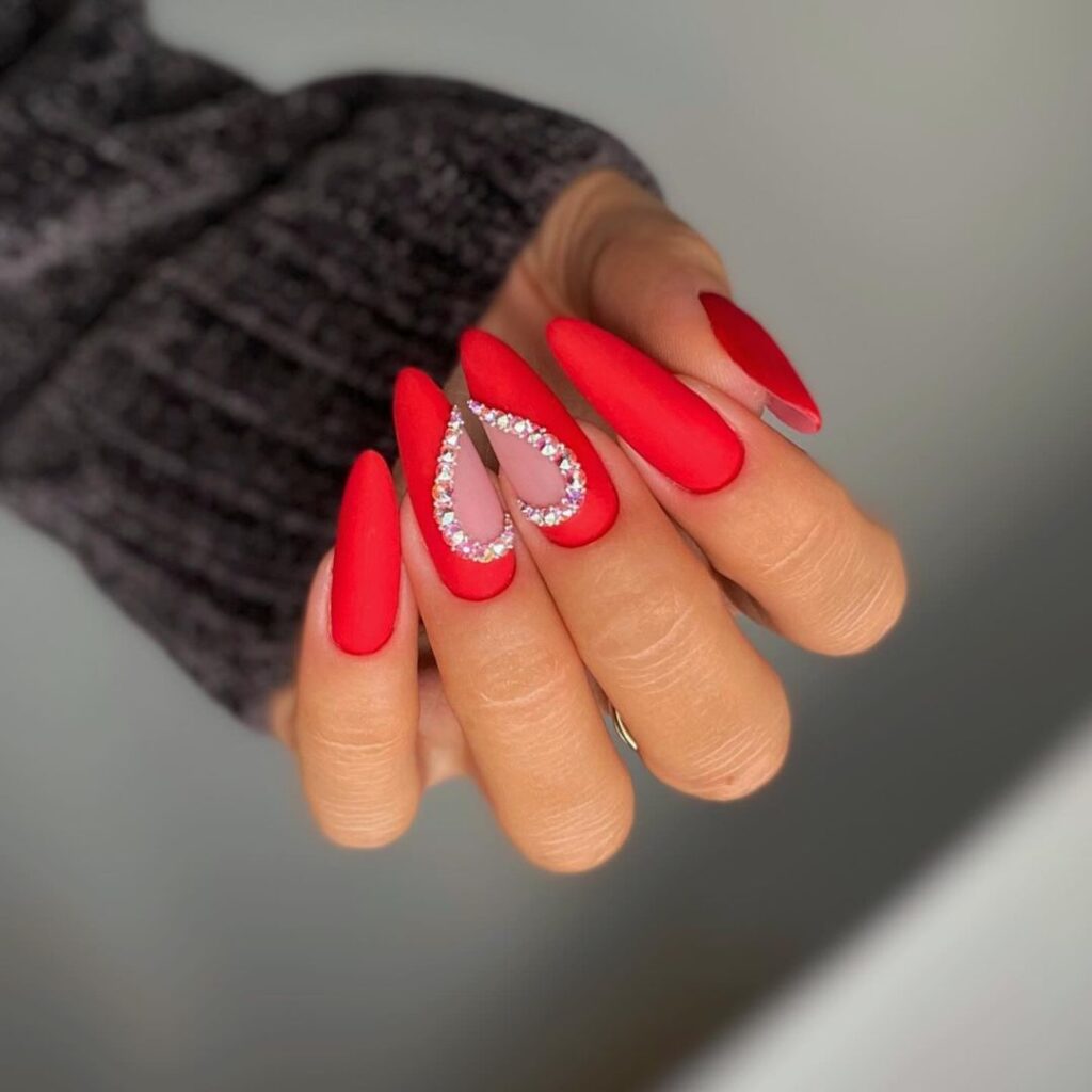 spring red matte nails with heart art