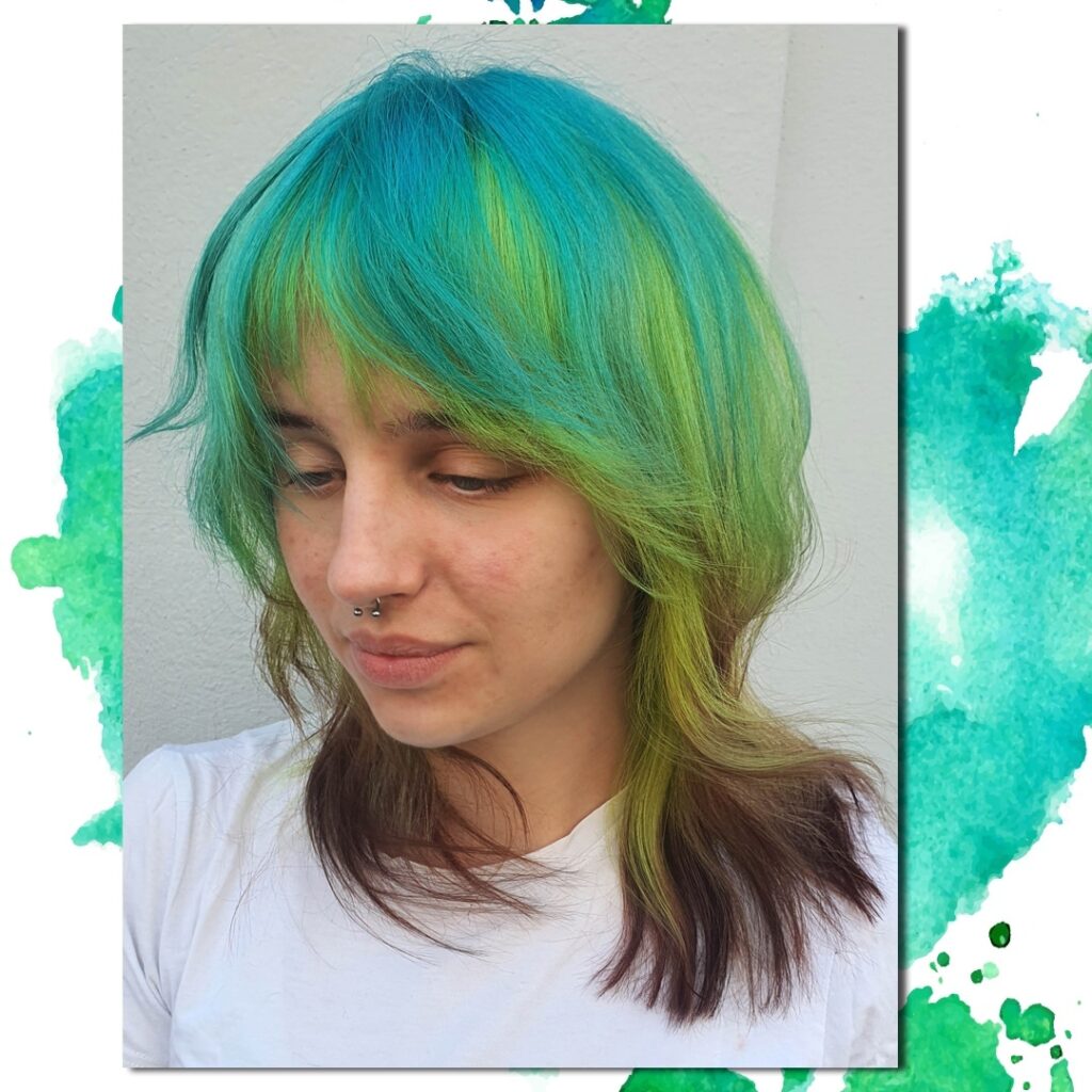 turquoise and green shaggy umbrella hair