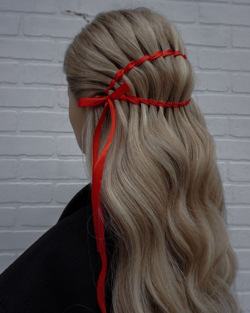 unique ribbon hairstyle on wavy hair