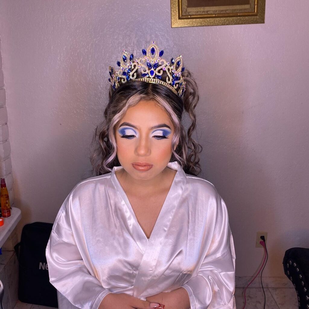 white and blue quince makeup