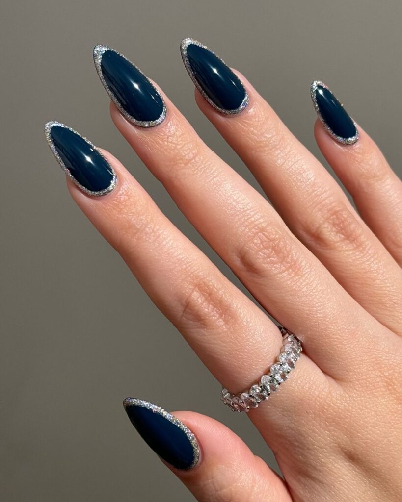 Deep Blue With Glittery Silver Nails