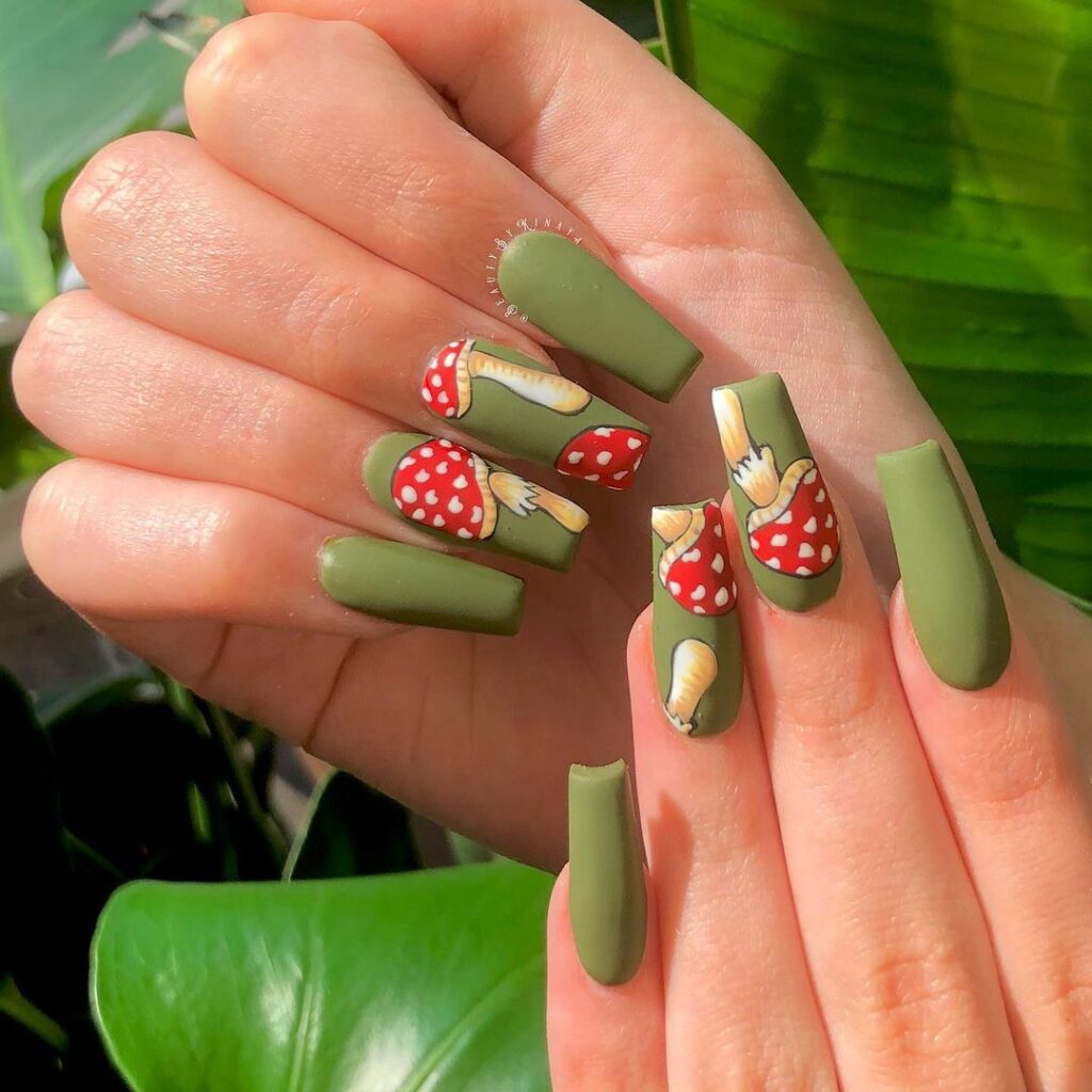 Olive Green Mushrooms Nails