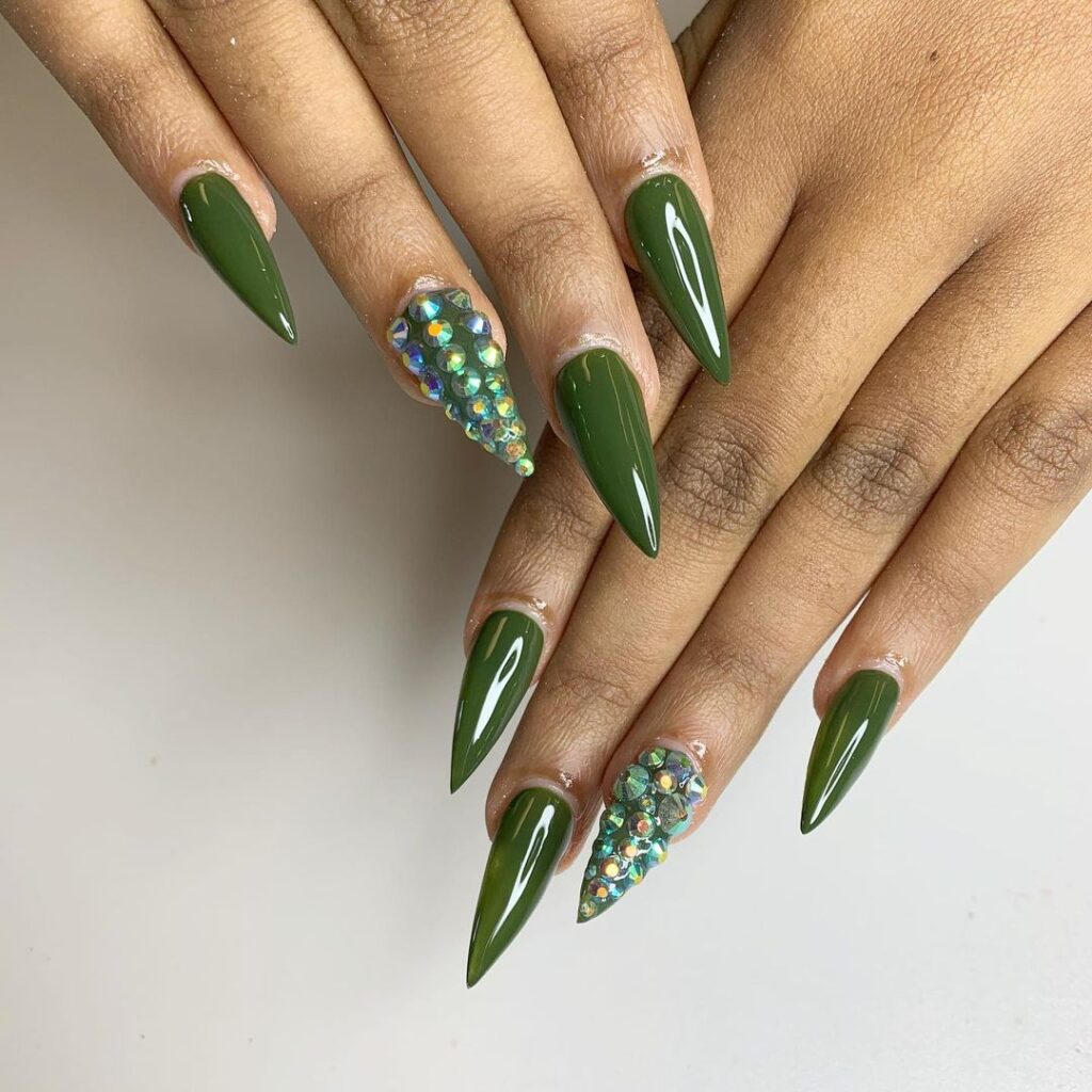 Olive Green Nails With Swarovski Crystals