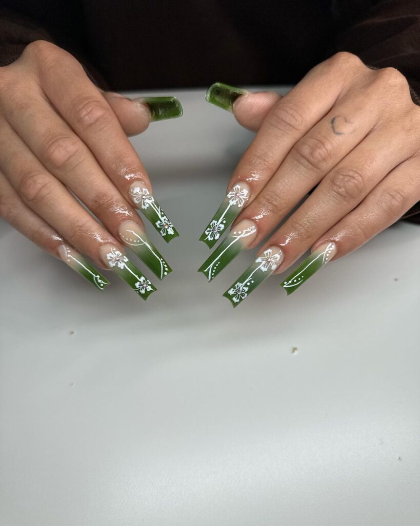 Olive Green Ombre Nails With Flowers