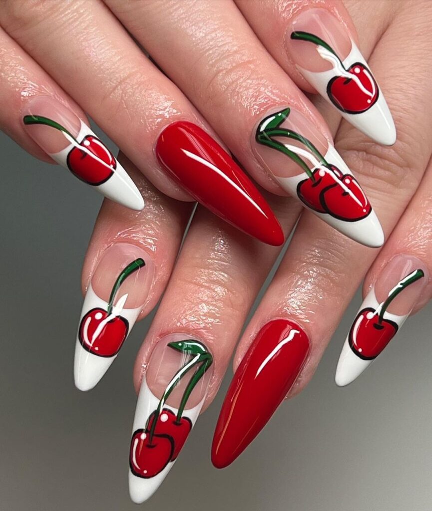 Red Nails With Cherry Design