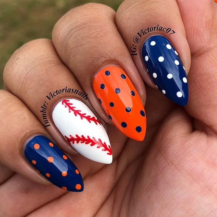 mets inspired baseball nails in orange, blue and white