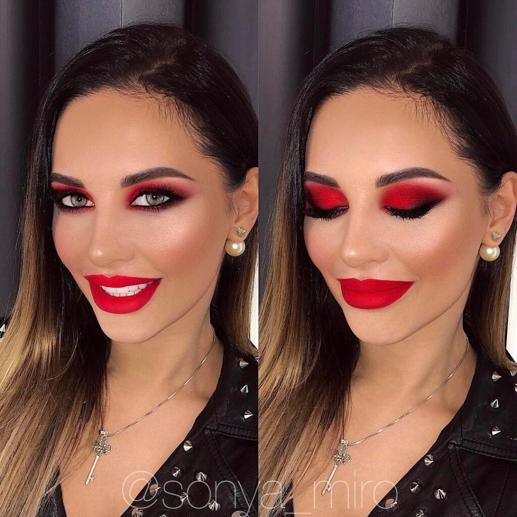 bright red prom makeup