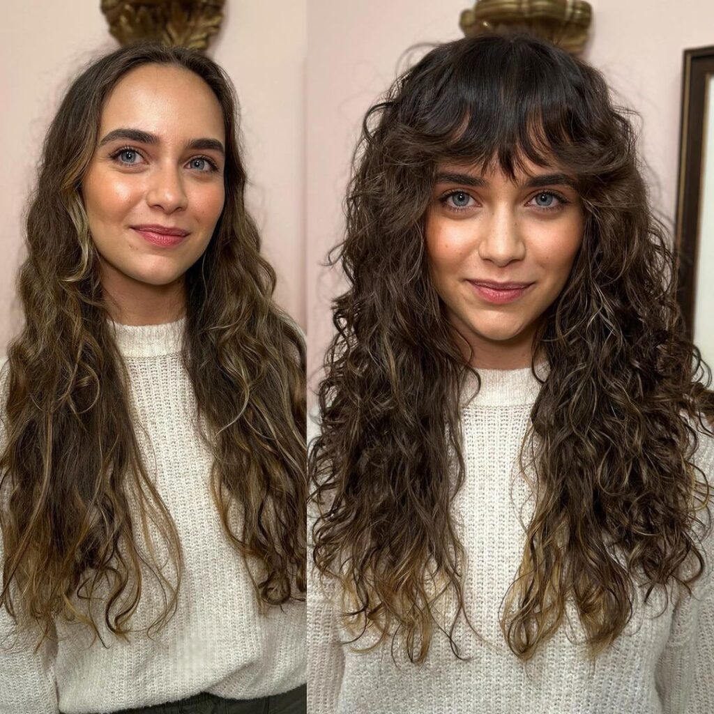 butterfly cut on curly hair with bangs