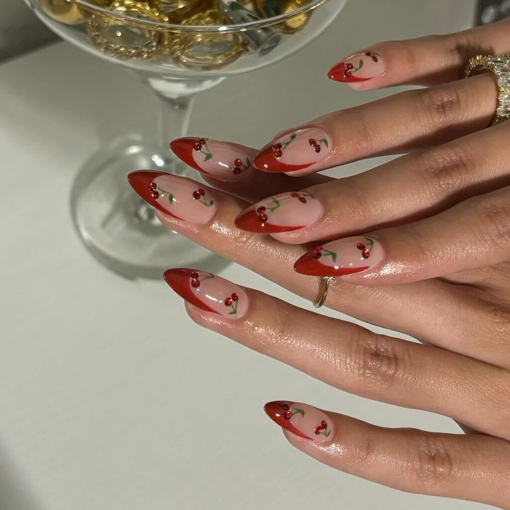 cherry red spring almond nails