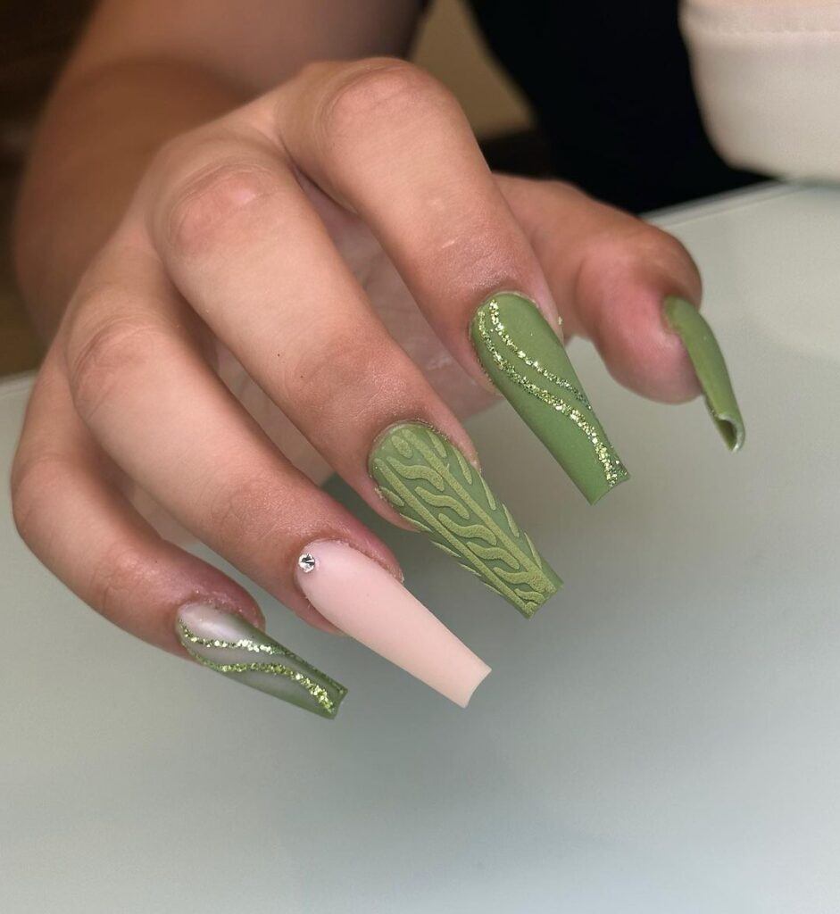 coffin olive green nails
