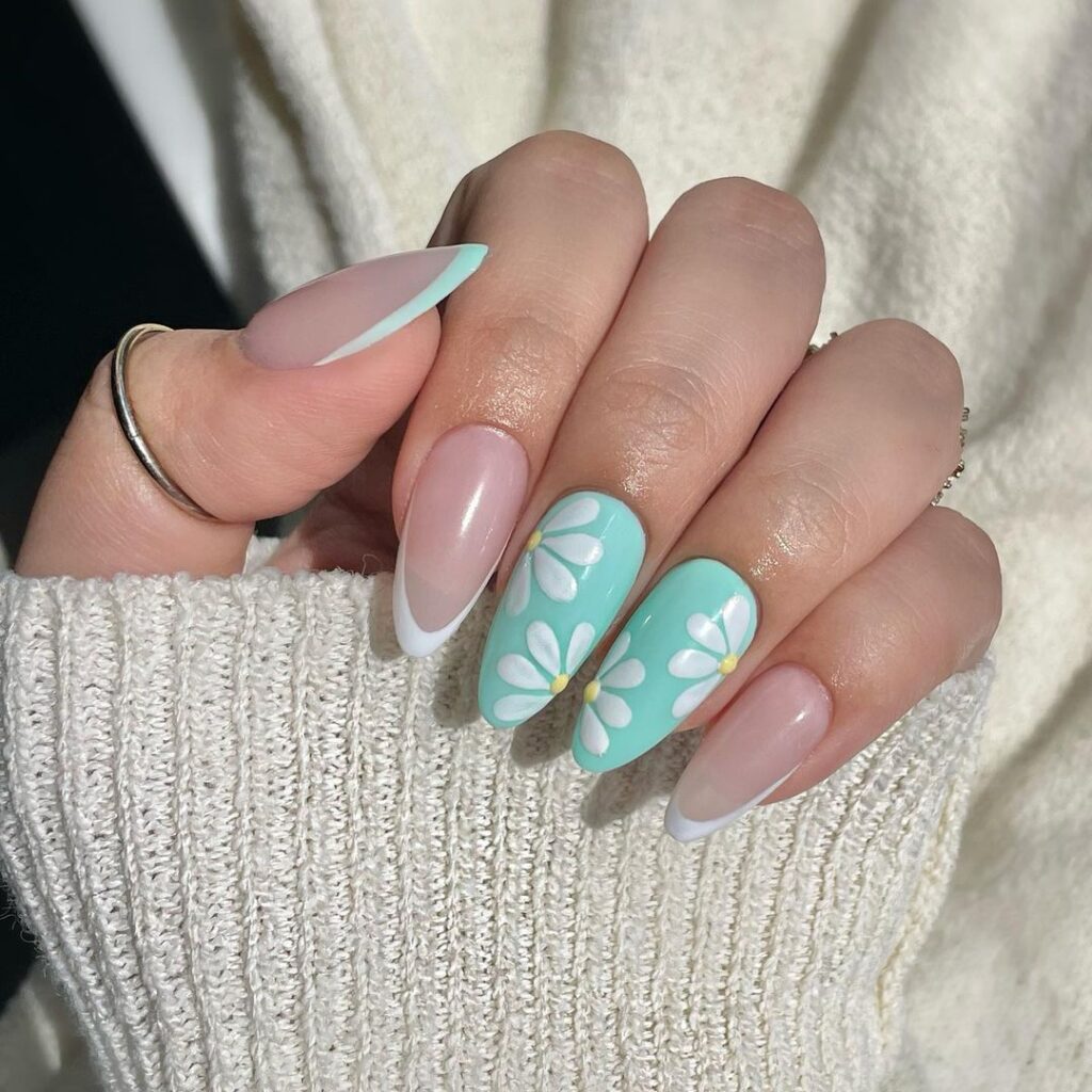 floral mint green nails