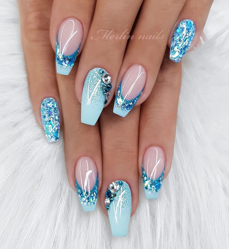 glittery blue ballerina nails