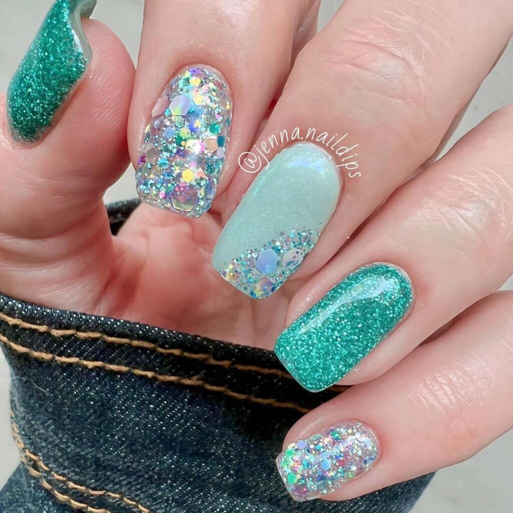 glittery mint green nails