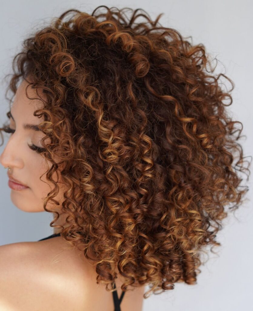 honey highlights on curly brown hair