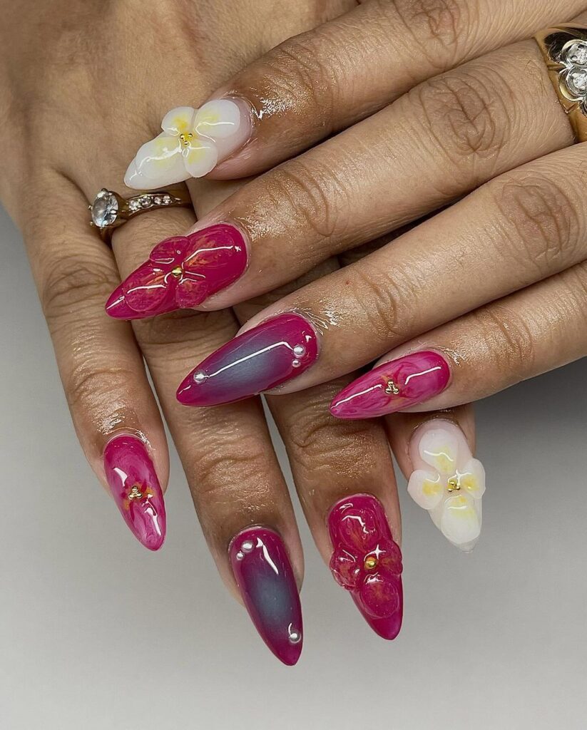 hot pink spring almond nails