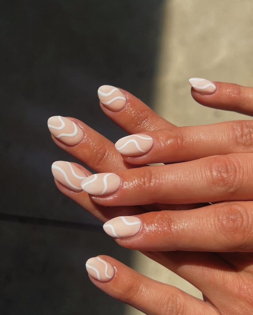 nude matte with white nail art short clean nails