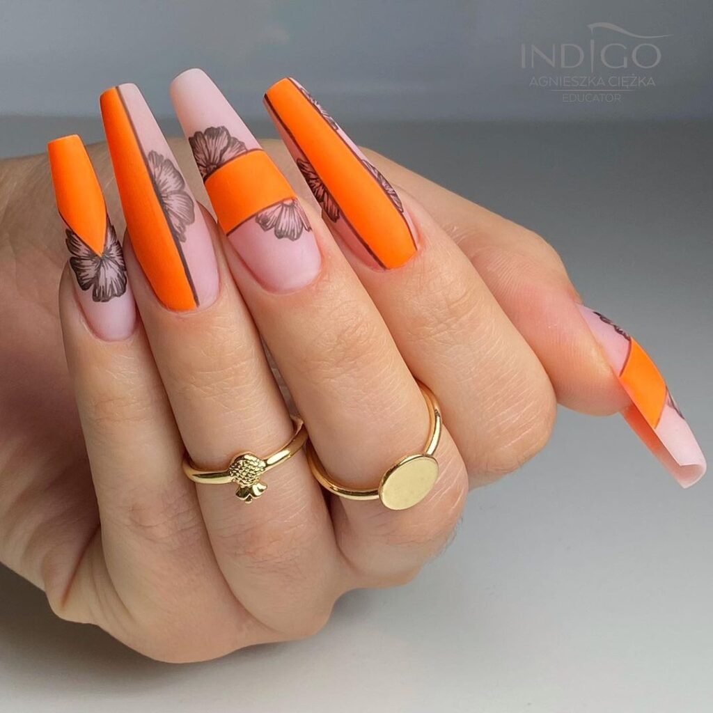 orange and soft pink ballerina nails