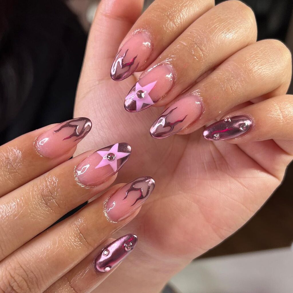 unhas de gel cromadas cor-de-rosa