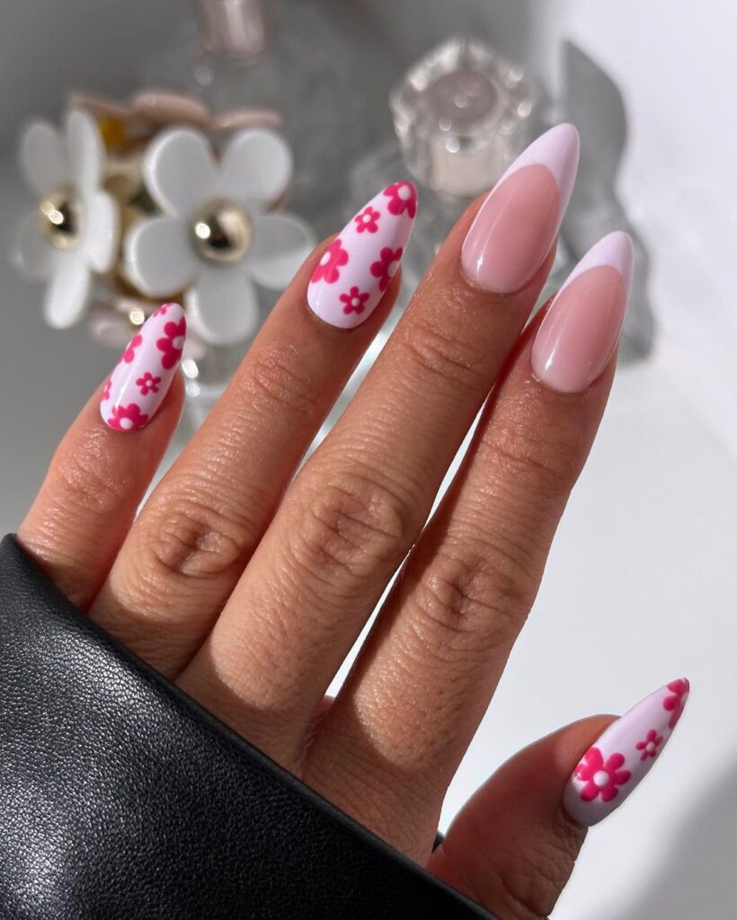 pink floral almond nails