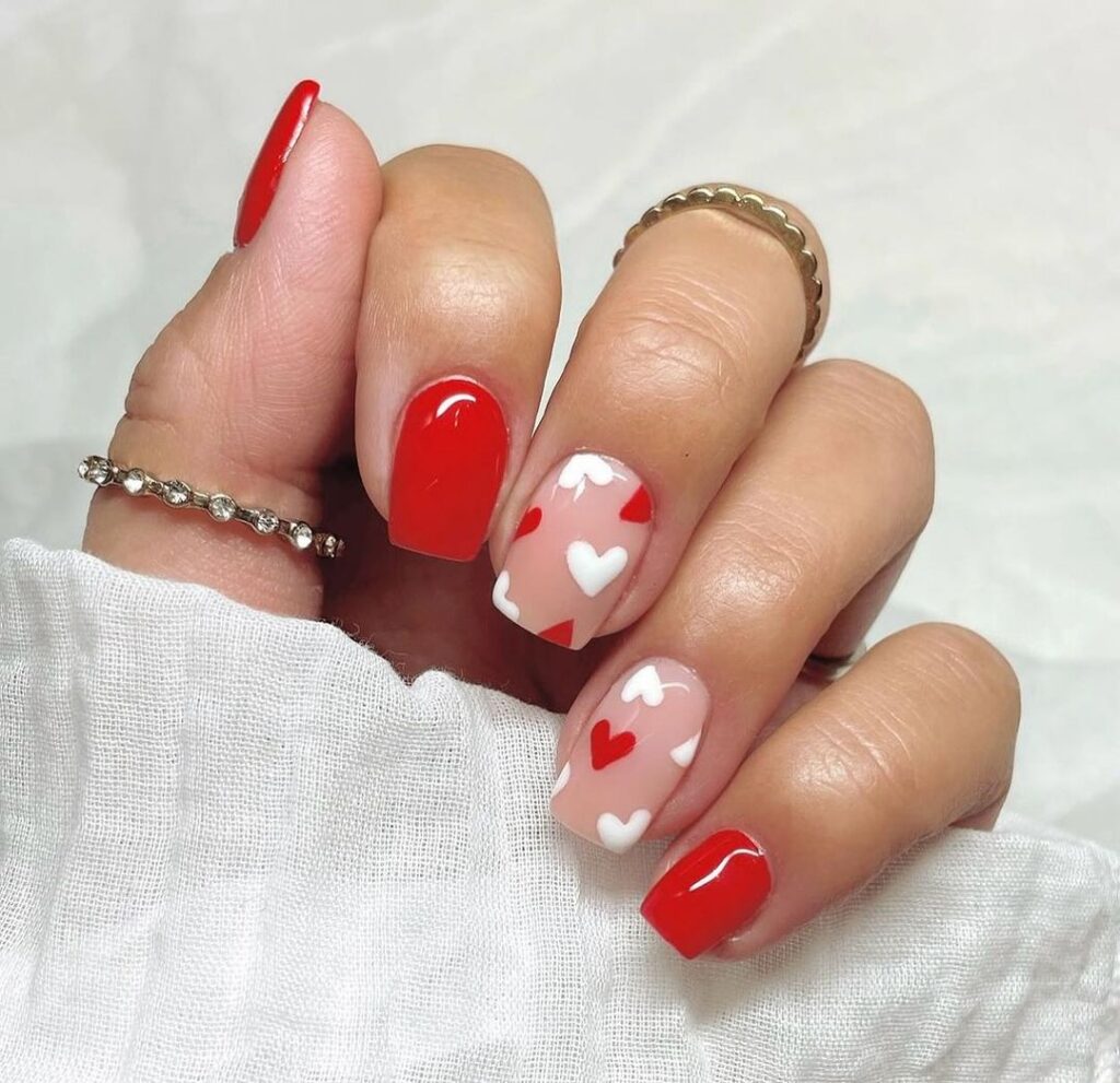 red and white short clean nails