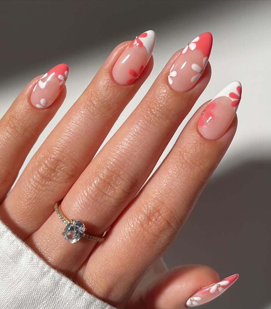 red floral spring almond nails