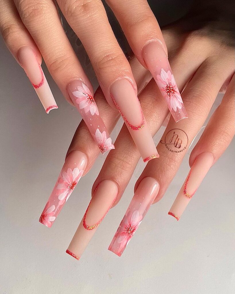 spring flowery acrylic nails