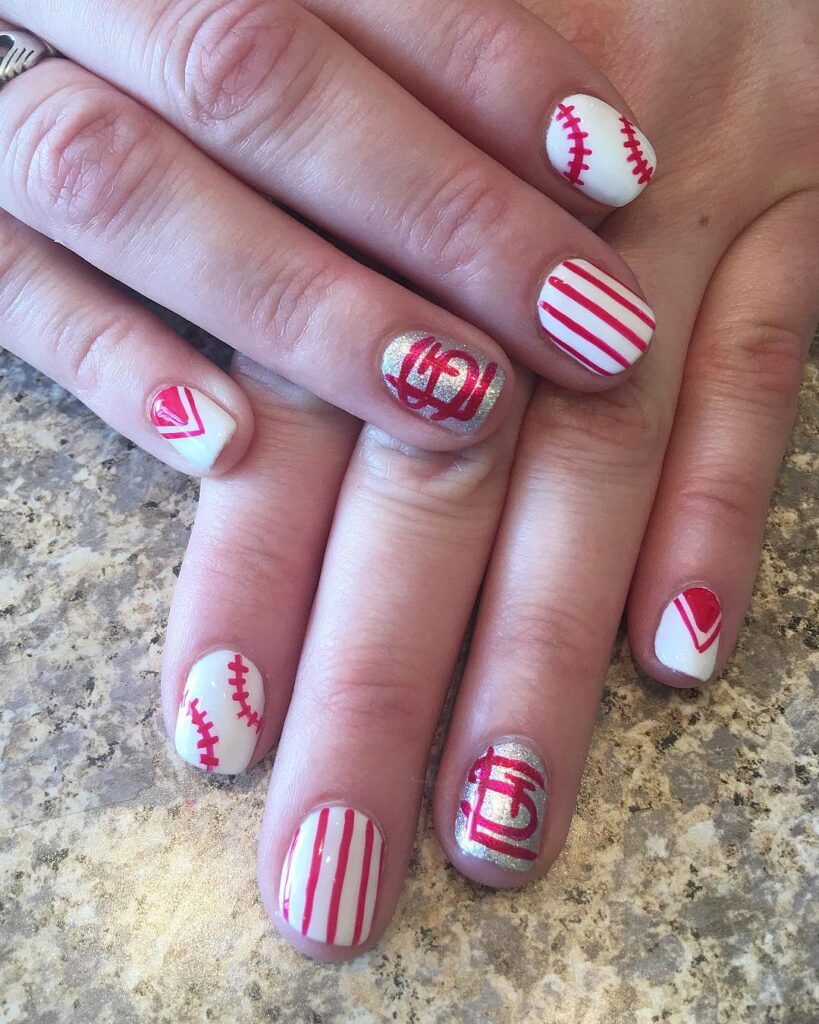 unhas dos stl cardinals branco prata e vermelho