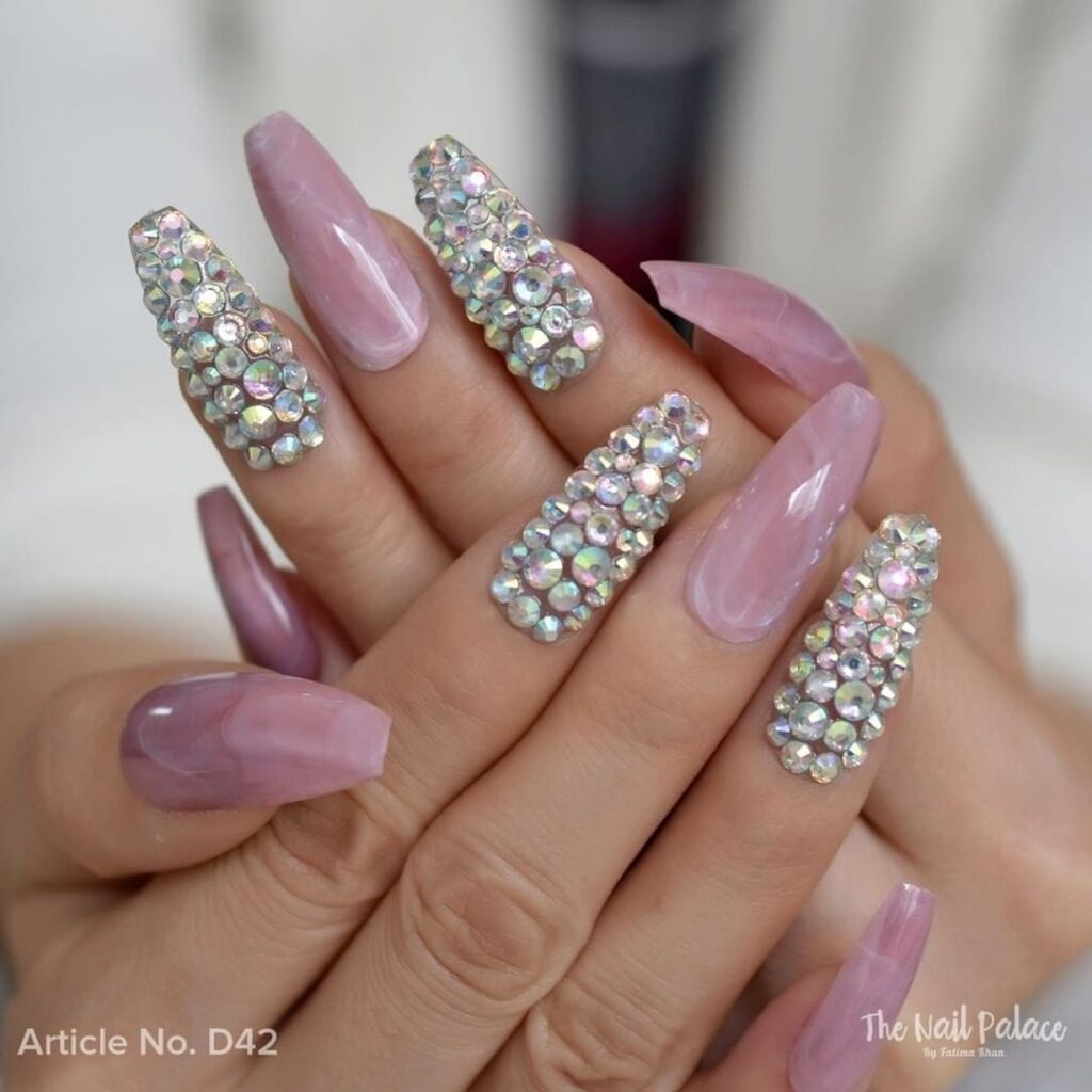 stone pattern pink gem nails