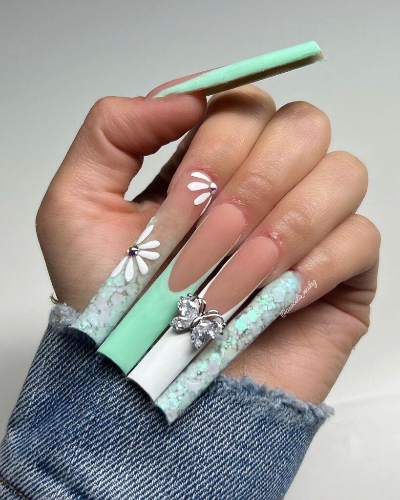 super long badassy mint green acrylic nails