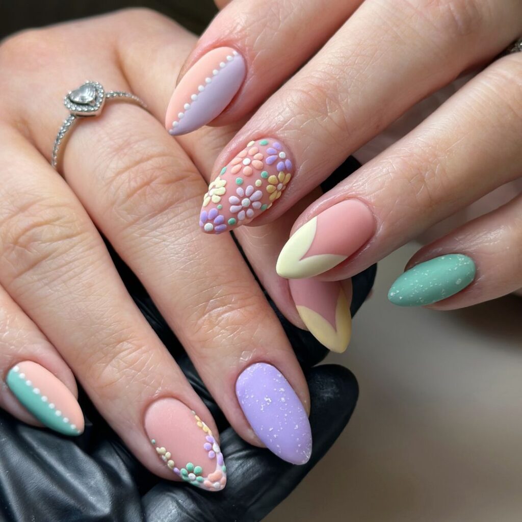 textured floral spring almond nails