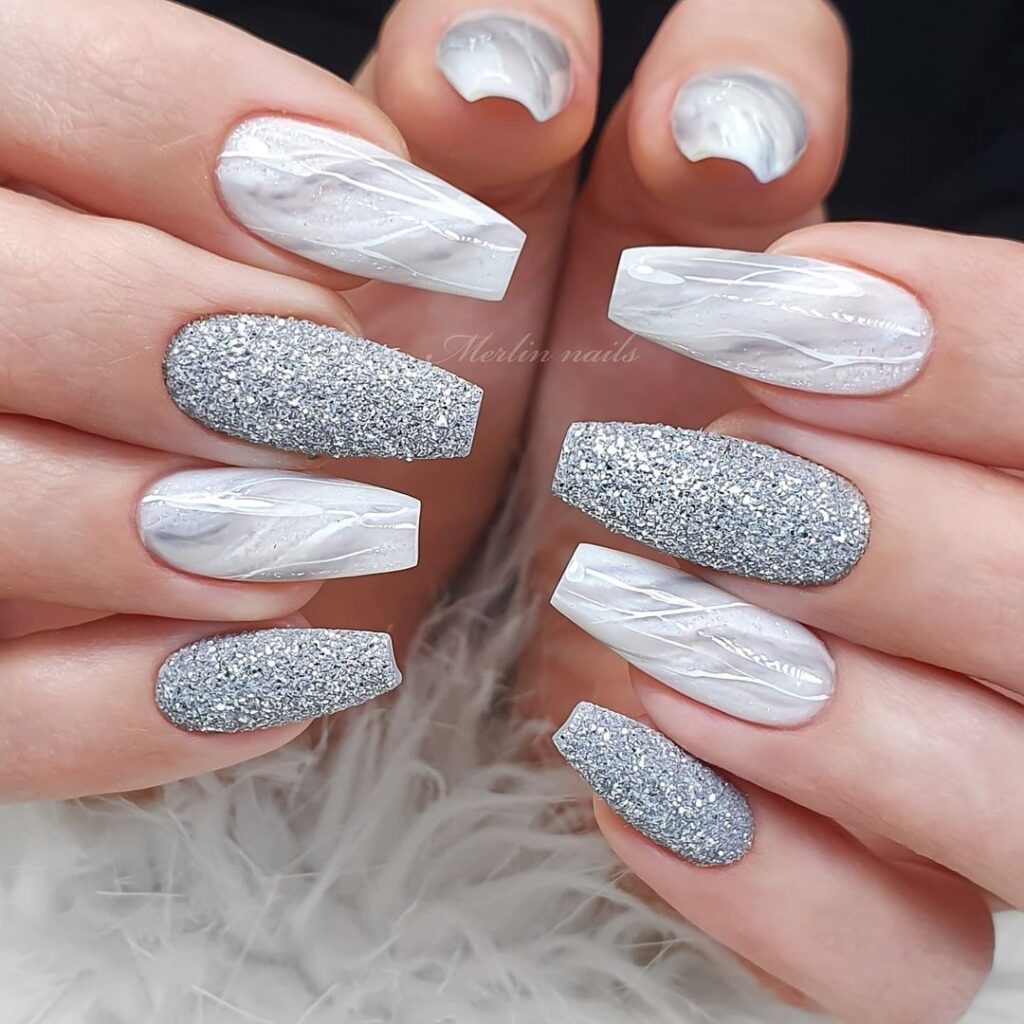 white and glittery nails