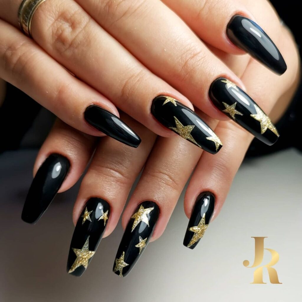 Black Nails With Golden Stars 